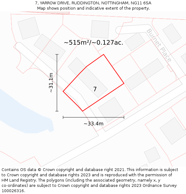 7, YARROW DRIVE, RUDDINGTON, NOTTINGHAM, NG11 6SA: Plot and title map