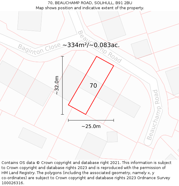 70, BEAUCHAMP ROAD, SOLIHULL, B91 2BU: Plot and title map