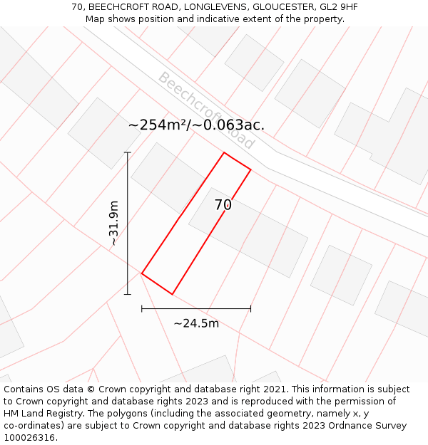 70, BEECHCROFT ROAD, LONGLEVENS, GLOUCESTER, GL2 9HF: Plot and title map