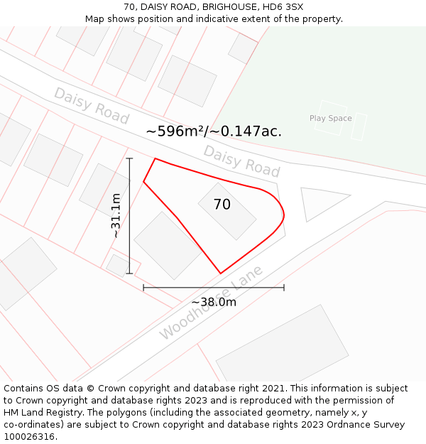 70, DAISY ROAD, BRIGHOUSE, HD6 3SX: Plot and title map