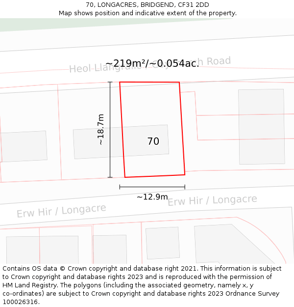 70, LONGACRES, BRIDGEND, CF31 2DD: Plot and title map