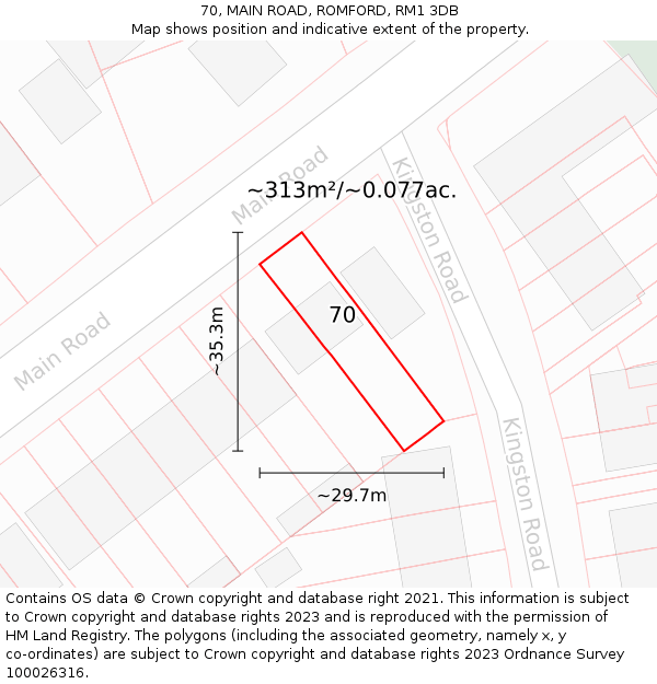 70, MAIN ROAD, ROMFORD, RM1 3DB: Plot and title map
