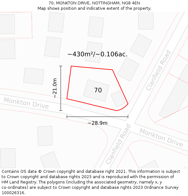70, MONKTON DRIVE, NOTTINGHAM, NG8 4EN: Plot and title map
