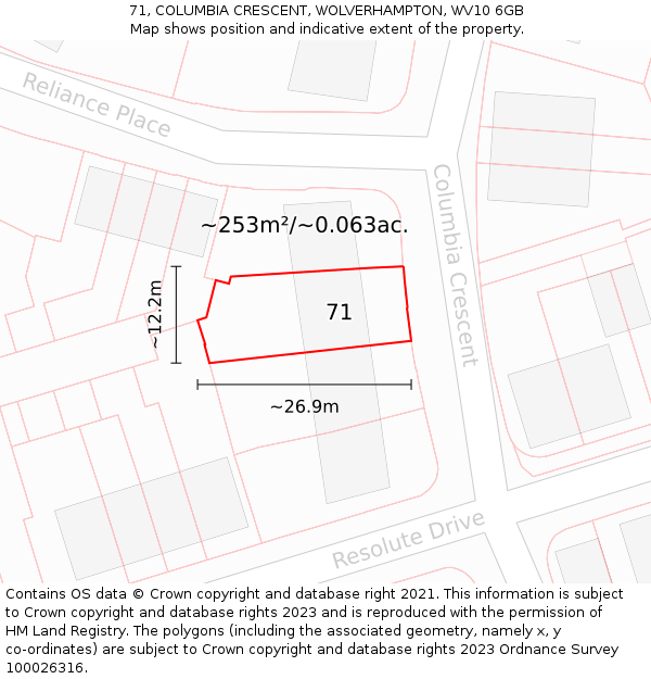 71, COLUMBIA CRESCENT, WOLVERHAMPTON, WV10 6GB: Plot and title map