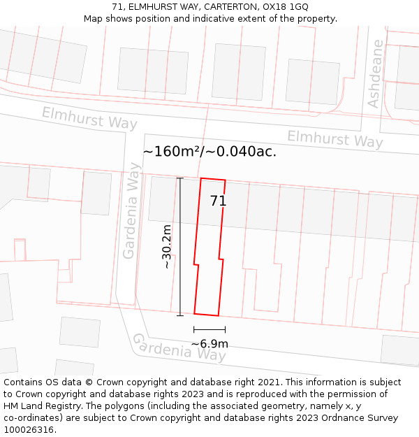 71, ELMHURST WAY, CARTERTON, OX18 1GQ: Plot and title map