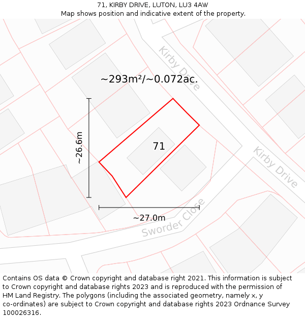 71, KIRBY DRIVE, LUTON, LU3 4AW: Plot and title map