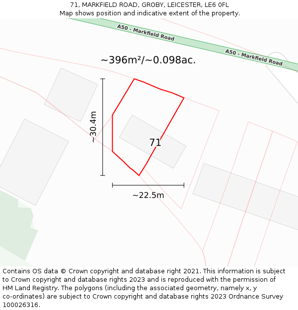 71, MARKFIELD ROAD, GROBY, LEICESTER, LE6 0FL: Plot and title map