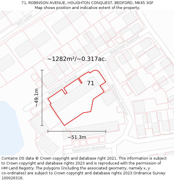 71, ROBINSON AVENUE, HOUGHTON CONQUEST, BEDFORD, MK45 3GF: Plot and title map