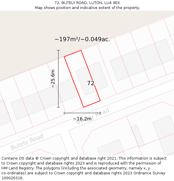 72, BUTELY ROAD, LUTON, LU4 9EX: Plot and title map