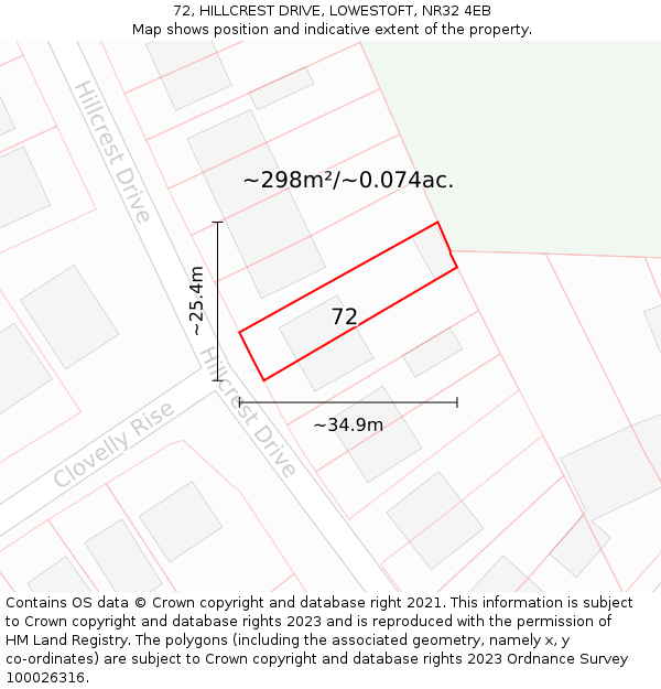 72, HILLCREST DRIVE, LOWESTOFT, NR32 4EB: Plot and title map
