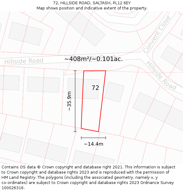 72, HILLSIDE ROAD, SALTASH, PL12 6EY: Plot and title map