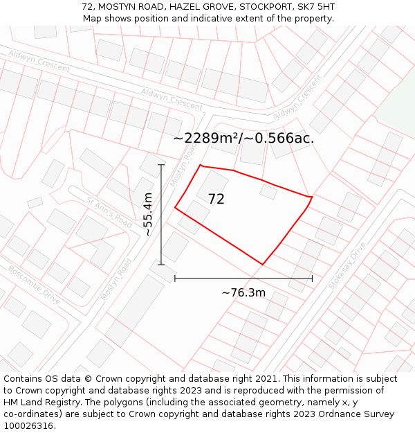 72, MOSTYN ROAD, HAZEL GROVE, STOCKPORT, SK7 5HT: Plot and title map