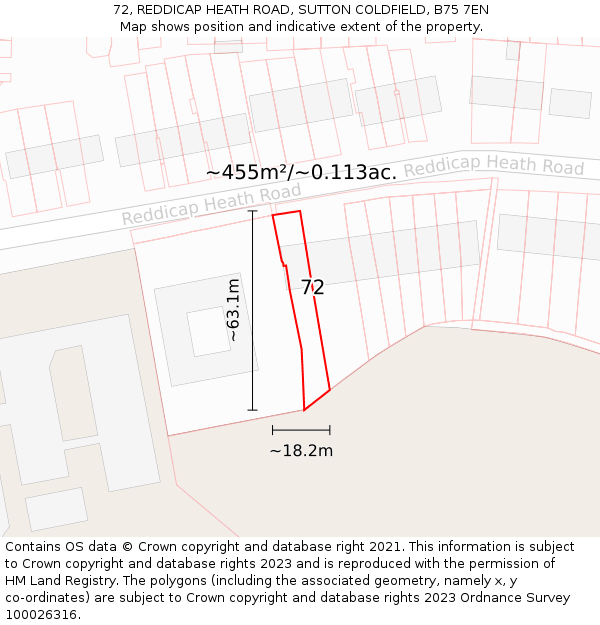 72, REDDICAP HEATH ROAD, SUTTON COLDFIELD, B75 7EN: Plot and title map