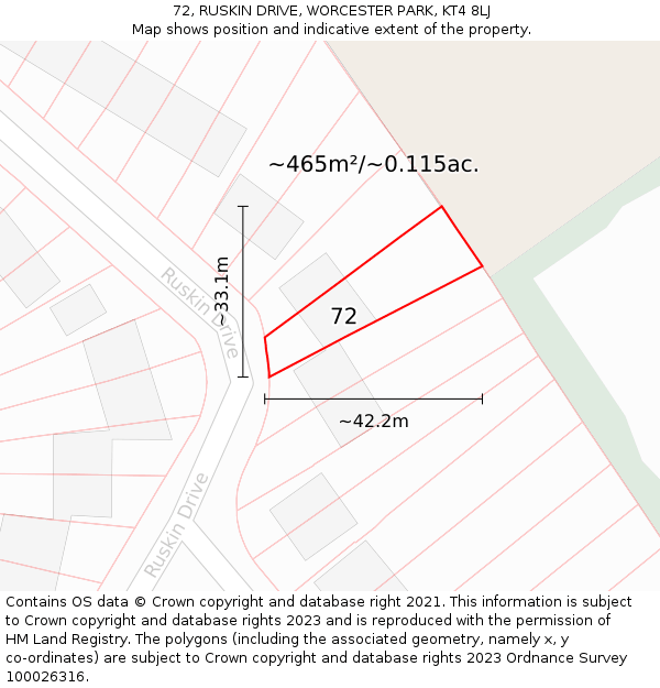 72, RUSKIN DRIVE, WORCESTER PARK, KT4 8LJ: Plot and title map