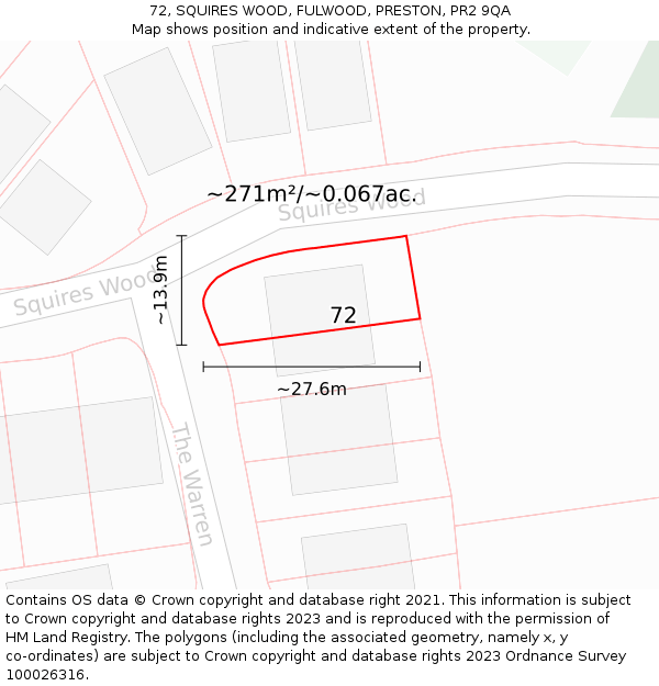 72, SQUIRES WOOD, FULWOOD, PRESTON, PR2 9QA: Plot and title map