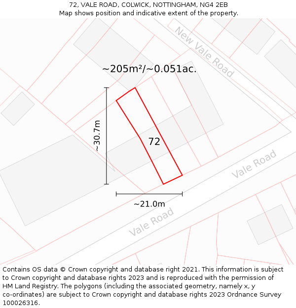 72, VALE ROAD, COLWICK, NOTTINGHAM, NG4 2EB: Plot and title map