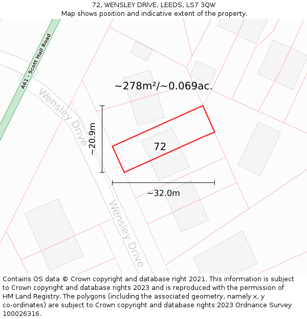 72, WENSLEY DRIVE, LEEDS, LS7 3QW: Plot and title map