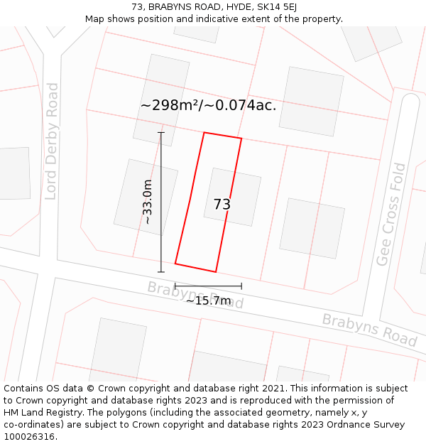 73, BRABYNS ROAD, HYDE, SK14 5EJ: Plot and title map