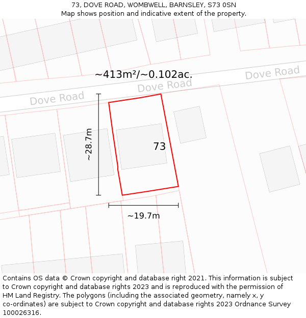 73, DOVE ROAD, WOMBWELL, BARNSLEY, S73 0SN: Plot and title map
