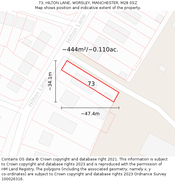 73, HILTON LANE, WORSLEY, MANCHESTER, M28 0SZ: Plot and title map