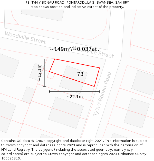 73, TYN Y BONAU ROAD, PONTARDDULAIS, SWANSEA, SA4 8RY: Plot and title map