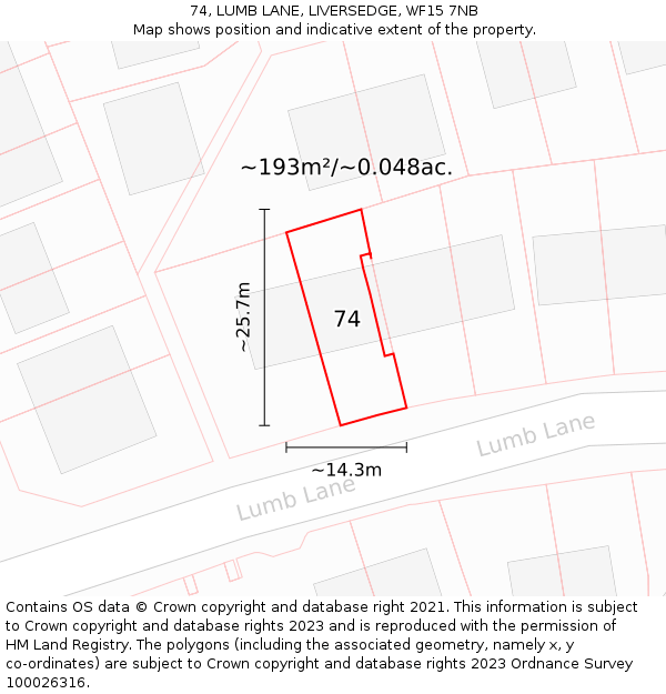 74, LUMB LANE, LIVERSEDGE, WF15 7NB: Plot and title map