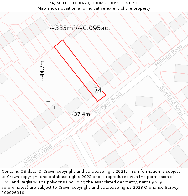 74, MILLFIELD ROAD, BROMSGROVE, B61 7BL: Plot and title map