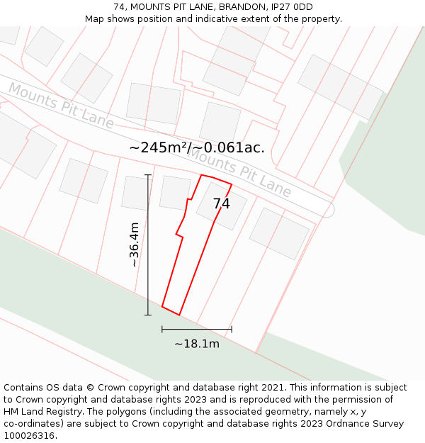 74, MOUNTS PIT LANE, BRANDON, IP27 0DD: Plot and title map