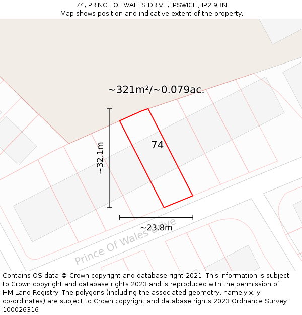 74, PRINCE OF WALES DRIVE, IPSWICH, IP2 9BN: Plot and title map