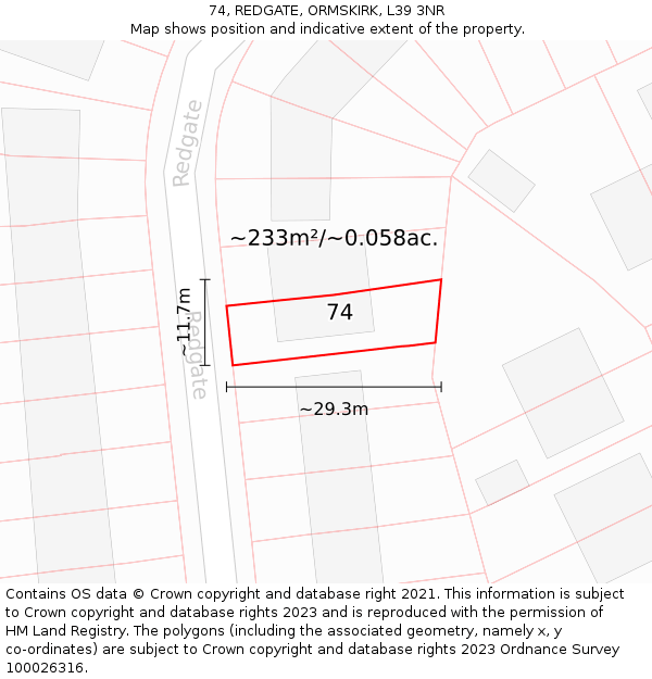 74, REDGATE, ORMSKIRK, L39 3NR: Plot and title map