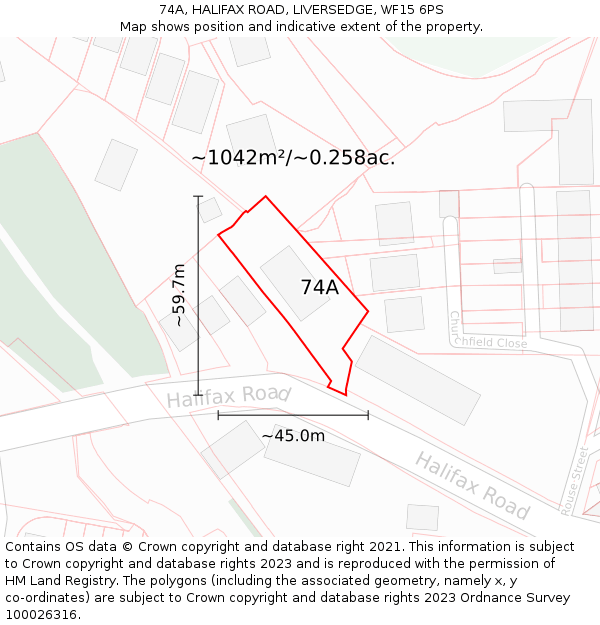74A, HALIFAX ROAD, LIVERSEDGE, WF15 6PS: Plot and title map