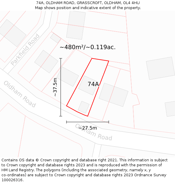 74A, OLDHAM ROAD, GRASSCROFT, OLDHAM, OL4 4HU: Plot and title map