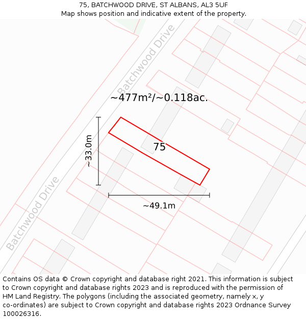 75, BATCHWOOD DRIVE, ST ALBANS, AL3 5UF: Plot and title map