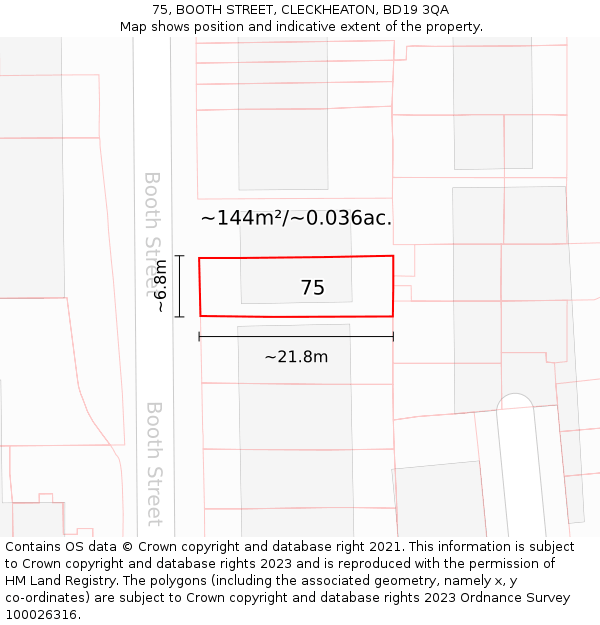 75, BOOTH STREET, CLECKHEATON, BD19 3QA: Plot and title map