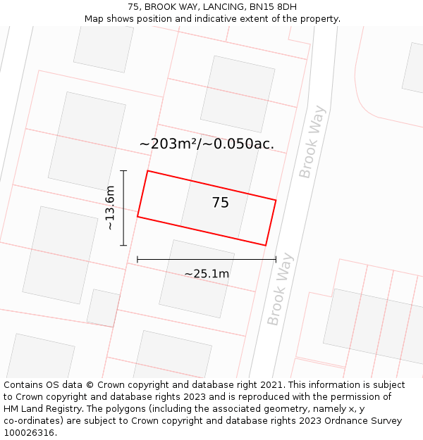 75, BROOK WAY, LANCING, BN15 8DH: Plot and title map