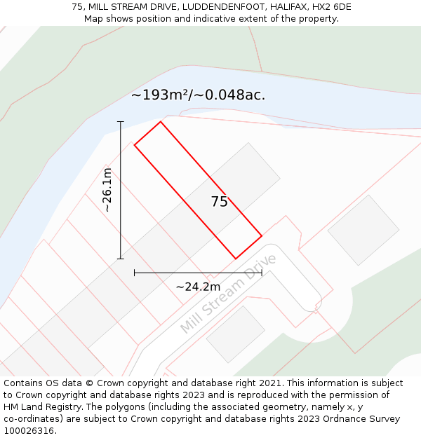75, MILL STREAM DRIVE, LUDDENDENFOOT, HALIFAX, HX2 6DE: Plot and title map