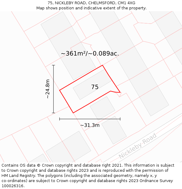75, NICKLEBY ROAD, CHELMSFORD, CM1 4XG: Plot and title map