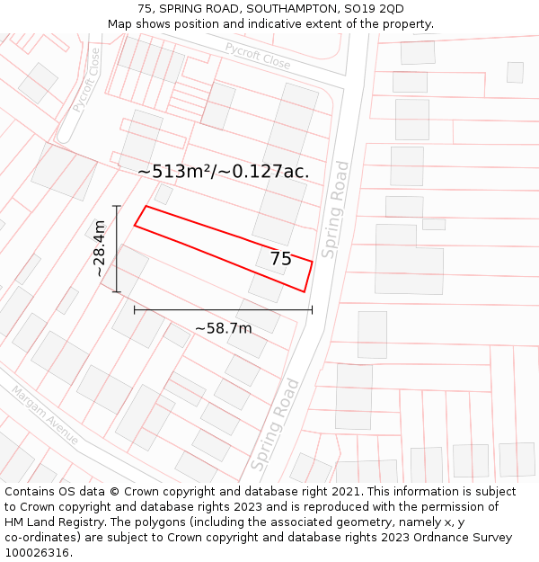 75, SPRING ROAD, SOUTHAMPTON, SO19 2QD: Plot and title map