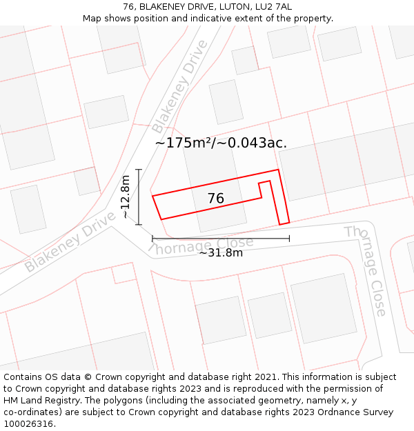 76, BLAKENEY DRIVE, LUTON, LU2 7AL: Plot and title map