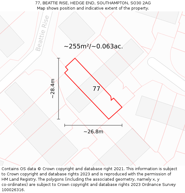 77, BEATTIE RISE, HEDGE END, SOUTHAMPTON, SO30 2AG: Plot and title map