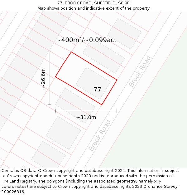 77, BROOK ROAD, SHEFFIELD, S8 9FJ: Plot and title map