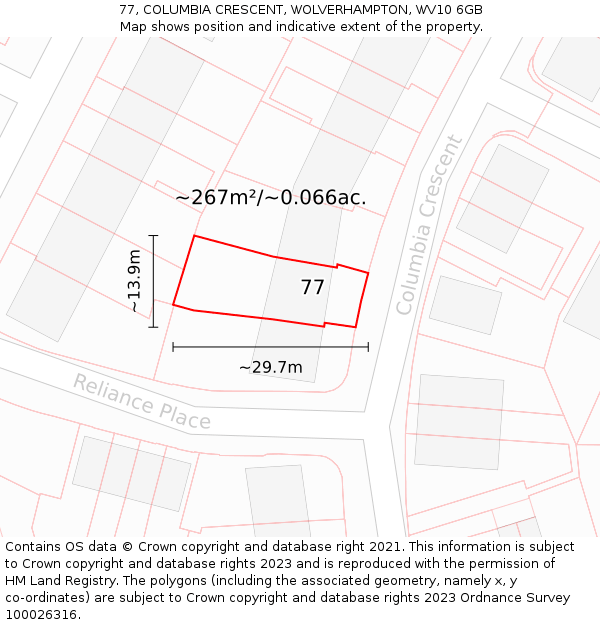 77, COLUMBIA CRESCENT, WOLVERHAMPTON, WV10 6GB: Plot and title map