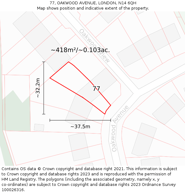 77, OAKWOOD AVENUE, LONDON, N14 6QH: Plot and title map