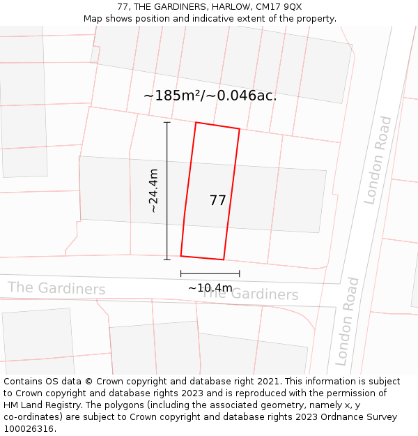 77, THE GARDINERS, HARLOW, CM17 9QX: Plot and title map