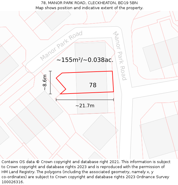 78, MANOR PARK ROAD, CLECKHEATON, BD19 5BN: Plot and title map