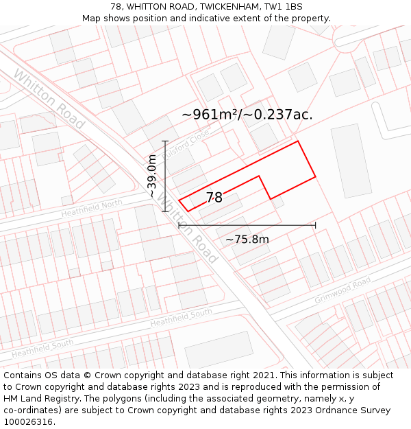 78, WHITTON ROAD, TWICKENHAM, TW1 1BS: Plot and title map