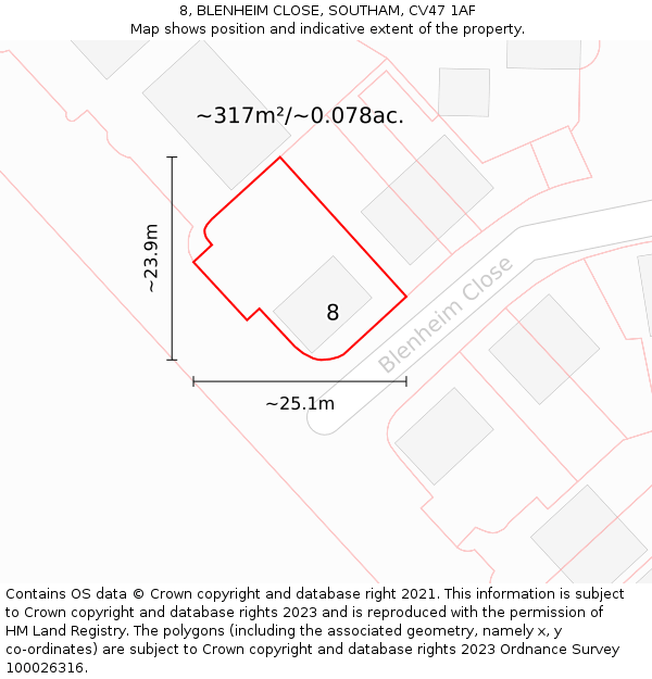 8, BLENHEIM CLOSE, SOUTHAM, CV47 1AF: Plot and title map