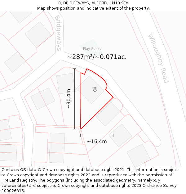 8, BRIDGEWAYS, ALFORD, LN13 9FA: Plot and title map