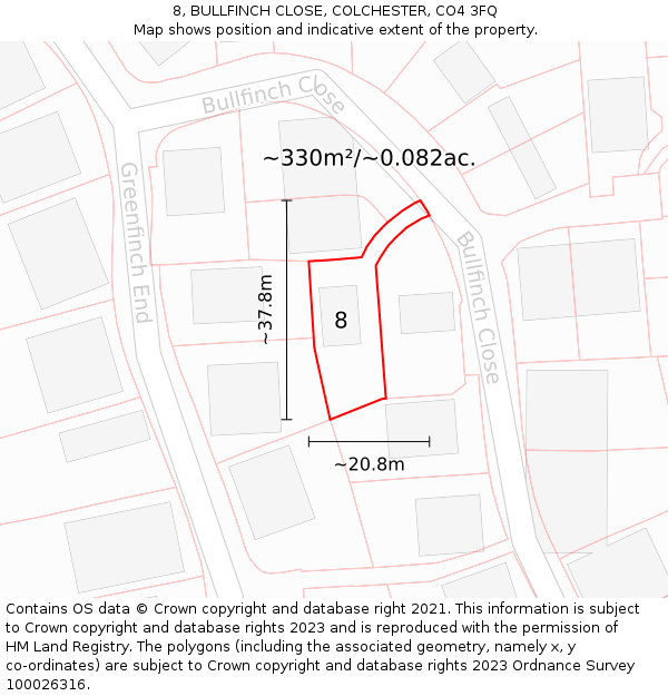 8, BULLFINCH CLOSE, COLCHESTER, CO4 3FQ: Plot and title map