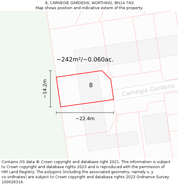 8, CARNEGIE GARDENS, WORTHING, BN14 7AS: Plot and title map